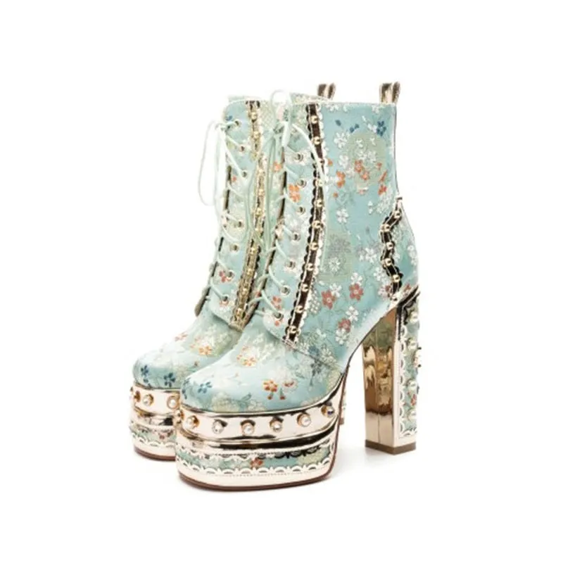 Crystal Silk Embroidery Platform Ankle Boots