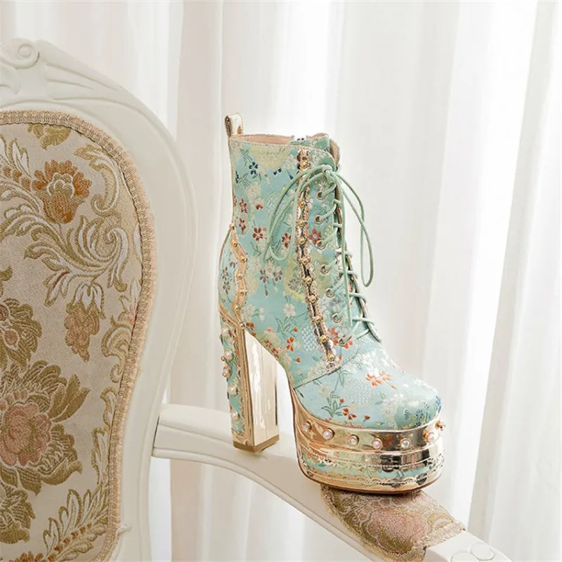 Crystal Silk Embroidery Platform Ankle Boots