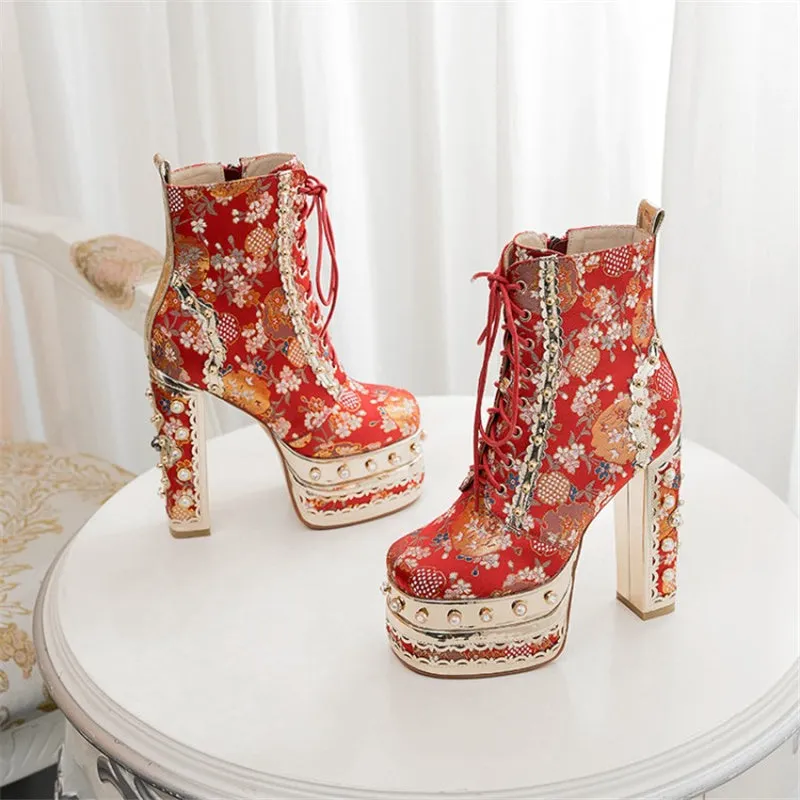 Crystal Silk Embroidery Platform Ankle Boots