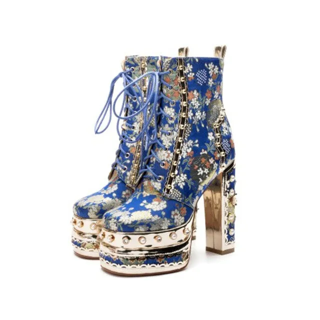 Crystal Silk Embroidery Platform Ankle Boots