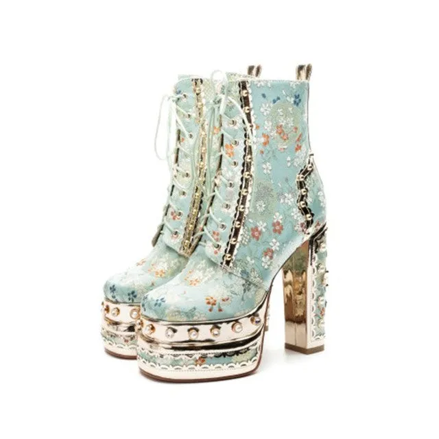 Crystal Silk Embroidery Platform Ankle Boots