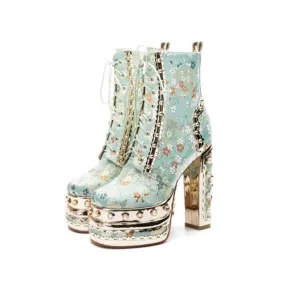 Crystal Silk Embroidery Platform Ankle Boots