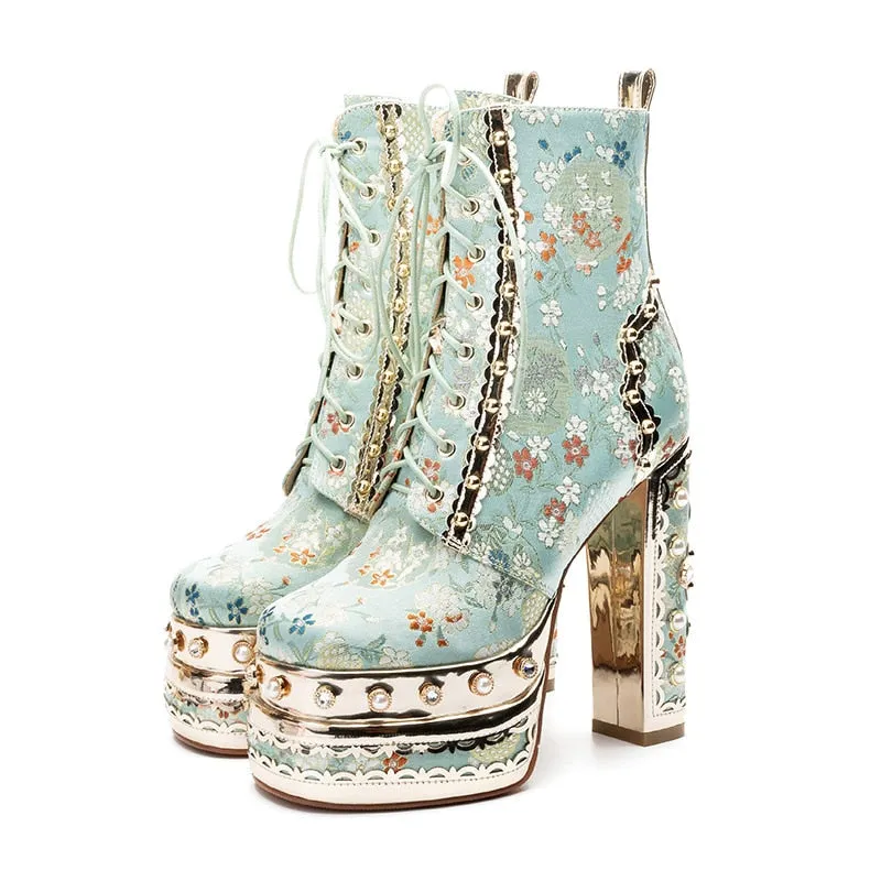 Crystal Silk Embroidery Platform Ankle Boots