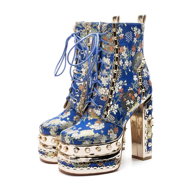 Crystal Silk Embroidery Platform Ankle Boots