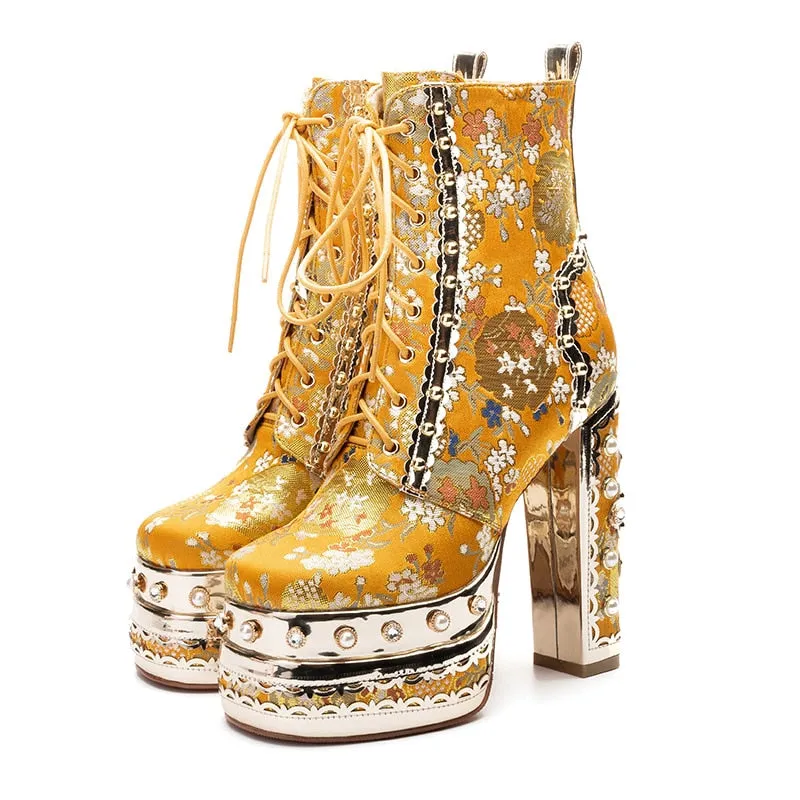 Crystal Silk Embroidery Platform Ankle Boots