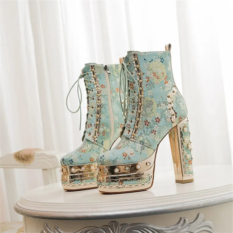 Crystal Silk Embroidery Platform Ankle Boots