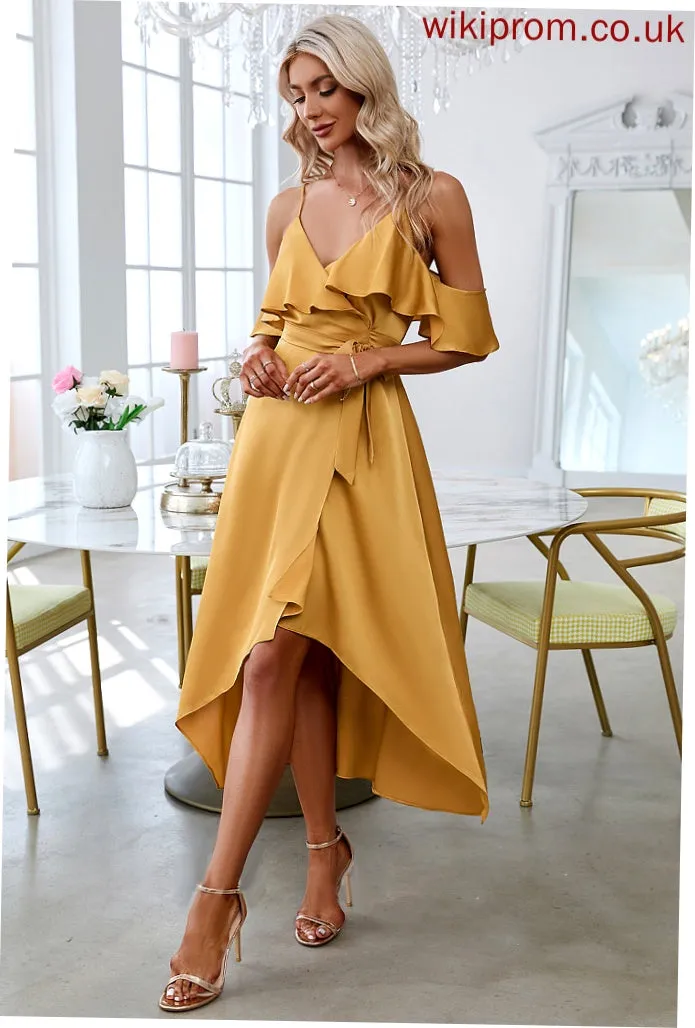 Elegant Michaela Satin Short Dresses Sheath Sleeves Club Dresses Asymmetrical V-Neck