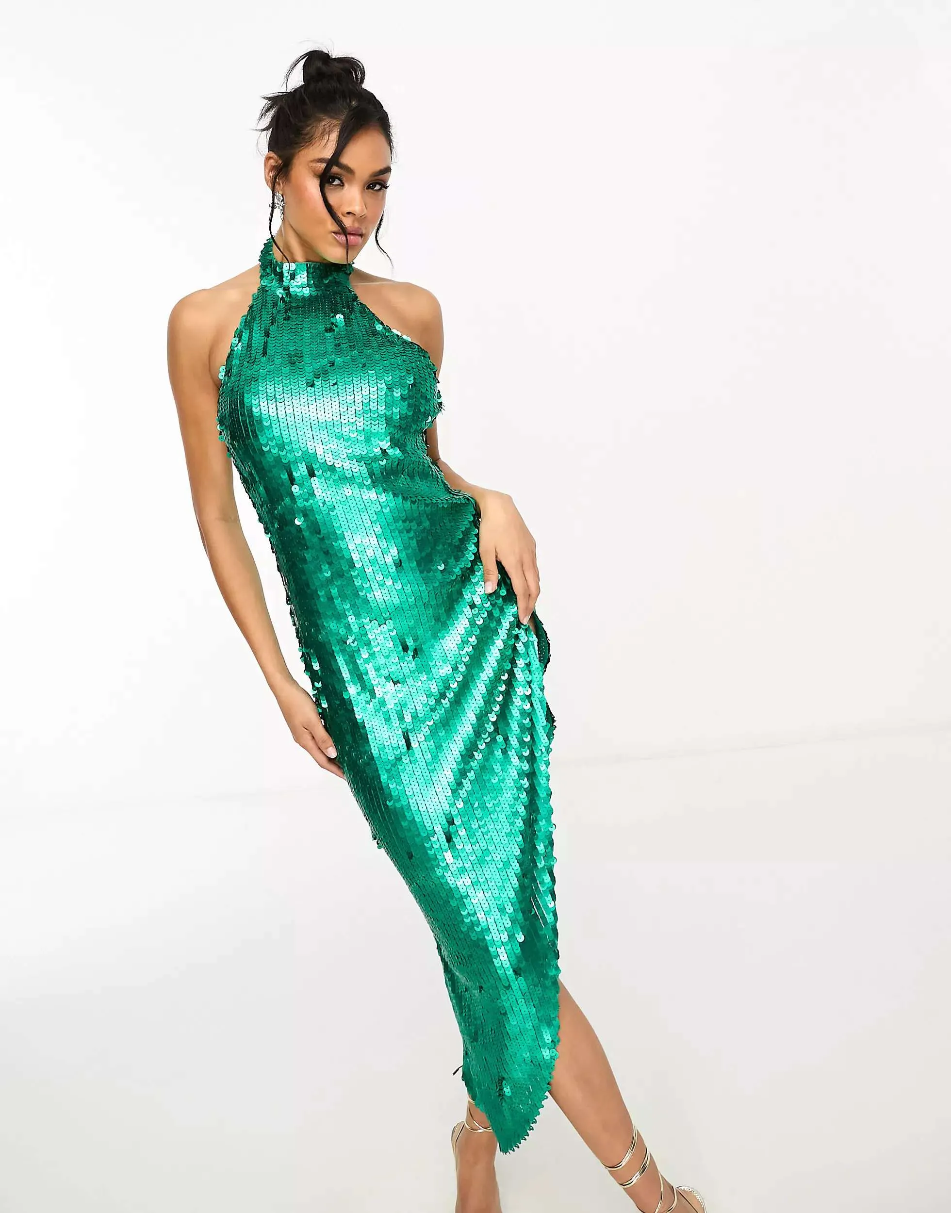 Emerald High Collar Sequin Midi Dress Starlet