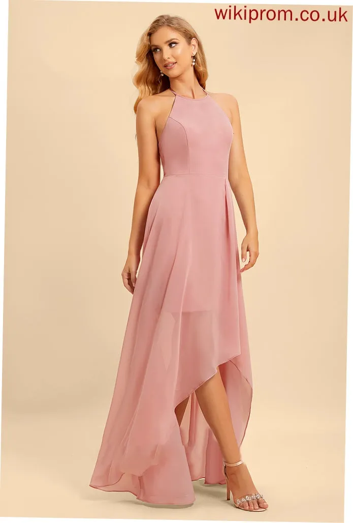 Fabric Embellishment Ruffle Length Silhouette Halter A-Line Asymmetrical Neckline Penelope Sleeveless Natural Waist Bridesmaid Dresses