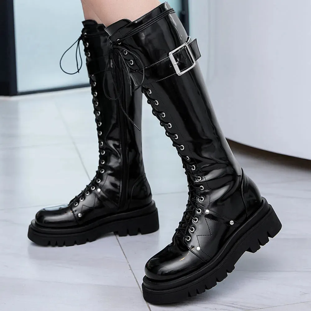 Funki Buys | Boots | Women's Patent Buckle Strap Lace Up Boot