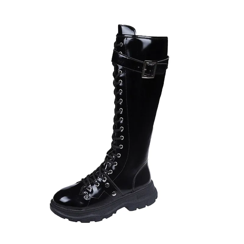 Funki Buys | Boots | Women's Patent Buckle Strap Lace Up Boot