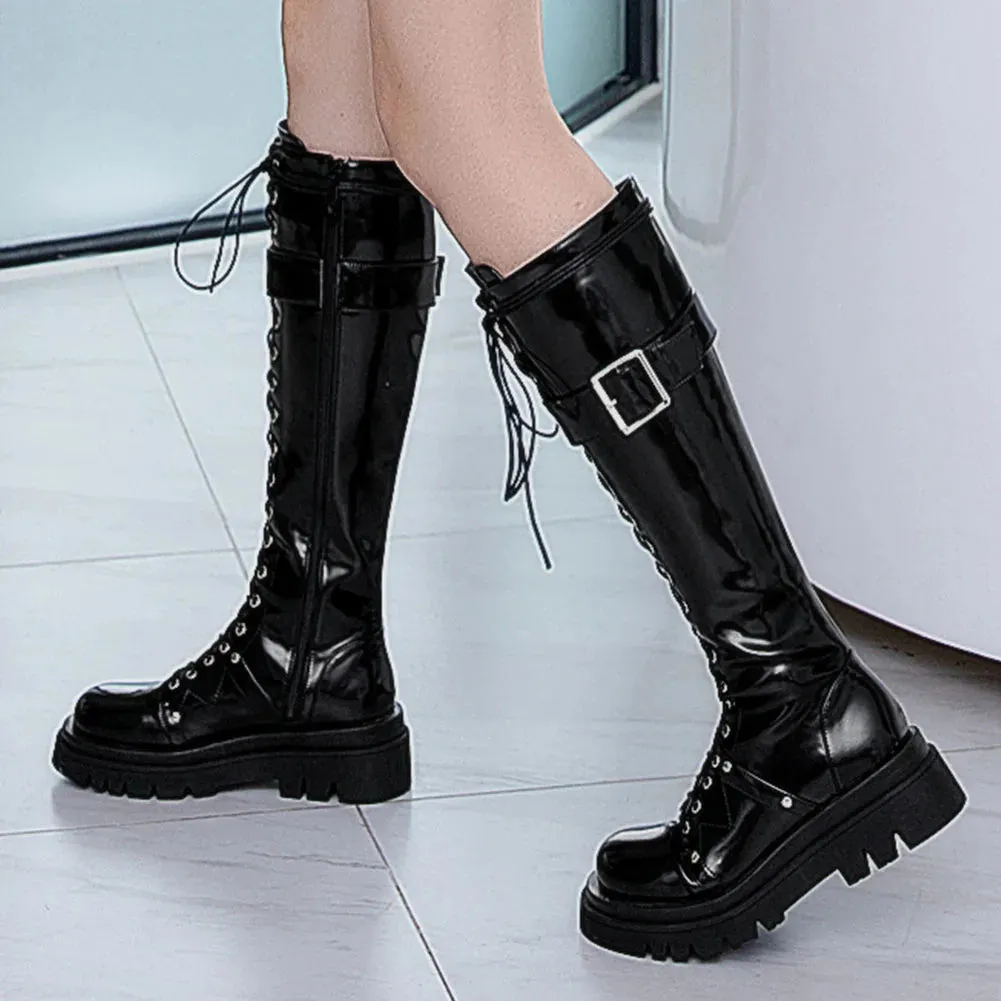 Funki Buys | Boots | Women's Patent Buckle Strap Lace Up Boot