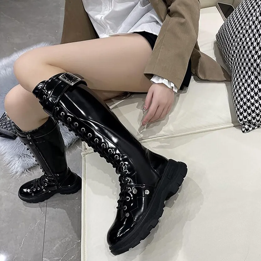 Funki Buys | Boots | Women's Patent Buckle Strap Lace Up Boot