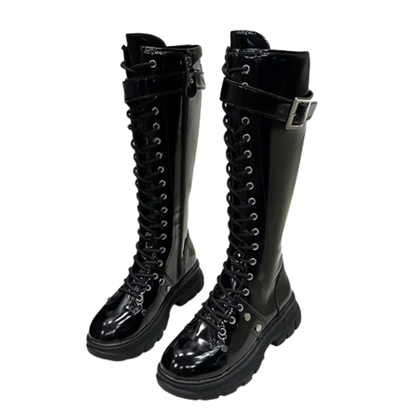 Funki Buys | Boots | Women's Patent Buckle Strap Lace Up Boot