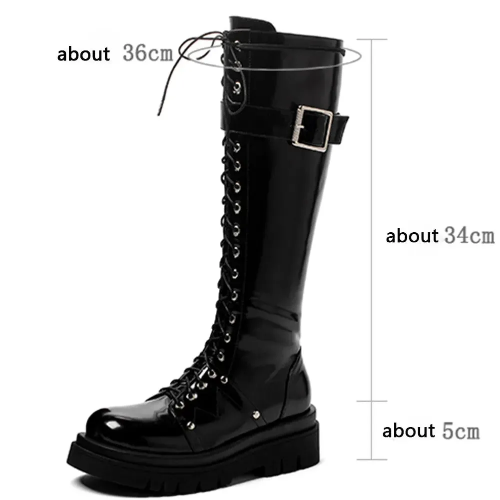 Funki Buys | Boots | Women's Patent Buckle Strap Lace Up Boot