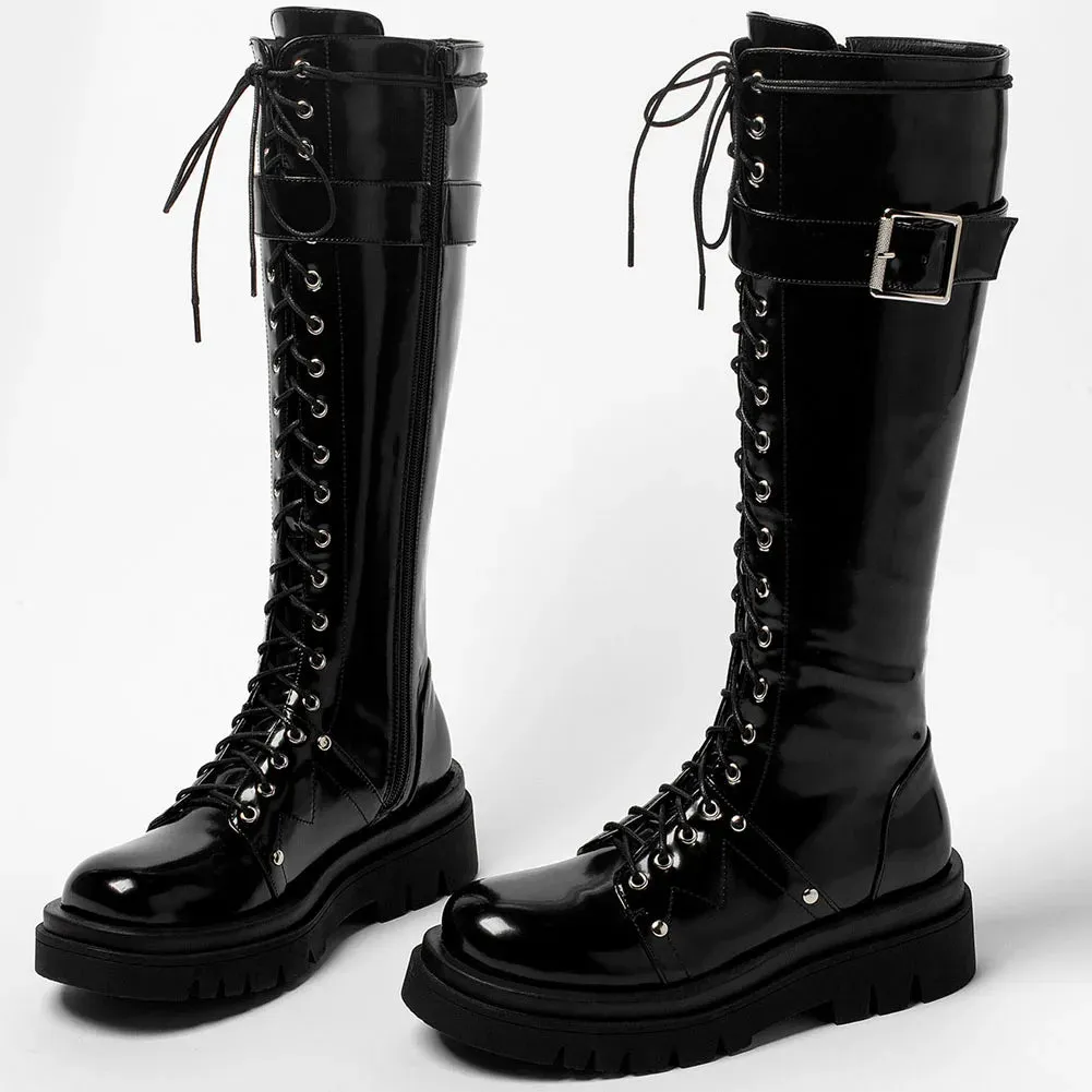 Funki Buys | Boots | Women's Patent Buckle Strap Lace Up Boot