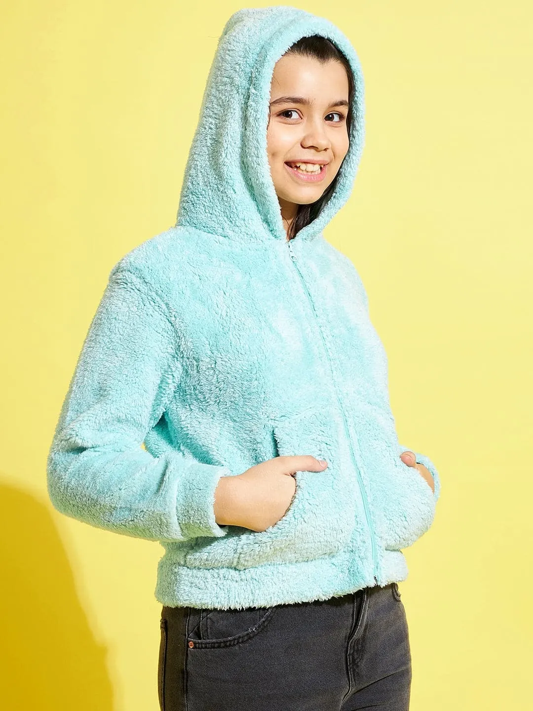 Girls Blue Fur Front Pocket Hoodie Jacket - Lyush Kids