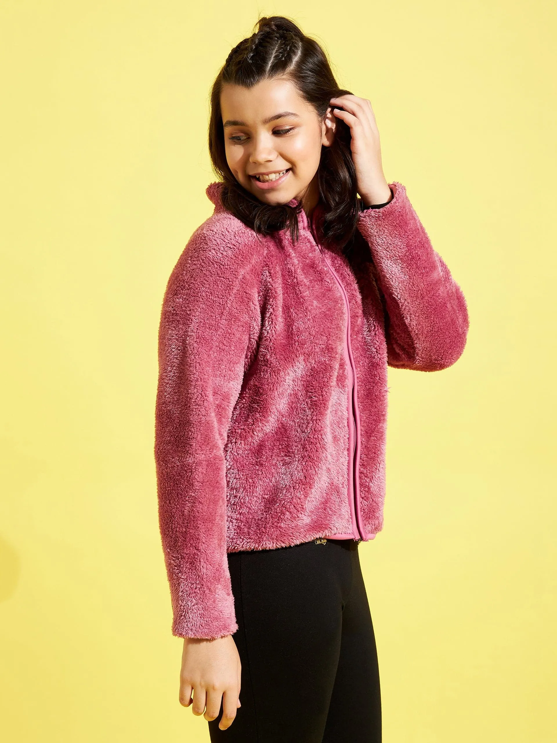 Girls Dark Pink Fur Front Zipper Jacket - Lyush Kids