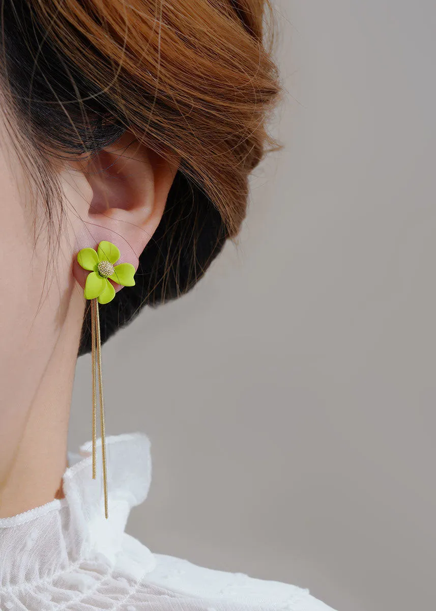 Green Floral Tassel Asymmetrical Earrings FA337