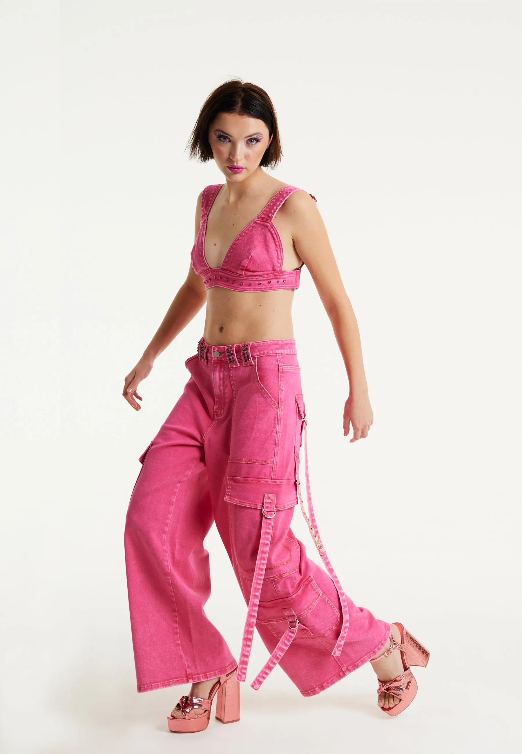 House of Holland Hot Pink Denim Wide Leg Cargo Trousers