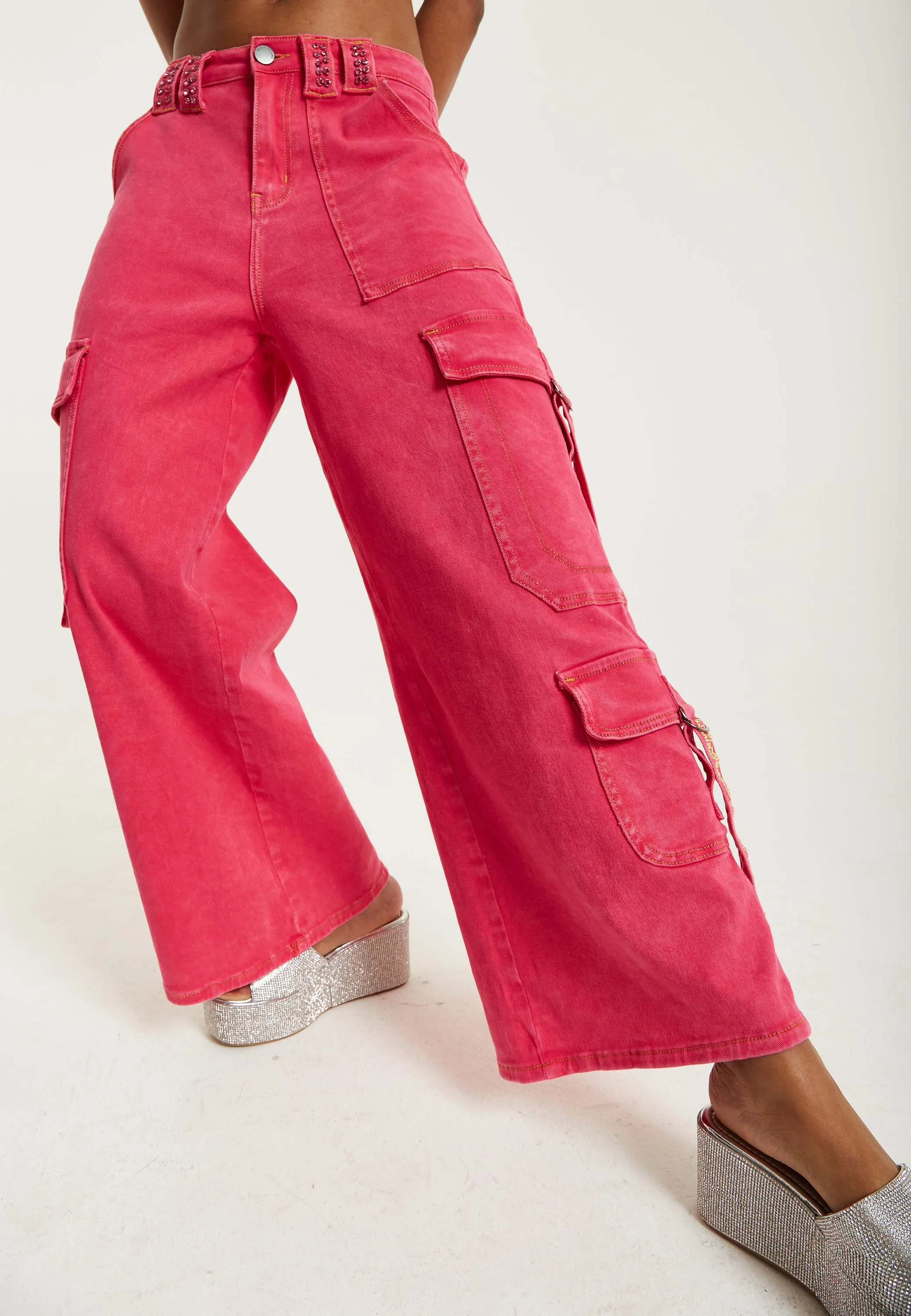 House of Holland Hot Pink Denim Wide Leg Cargo Trousers