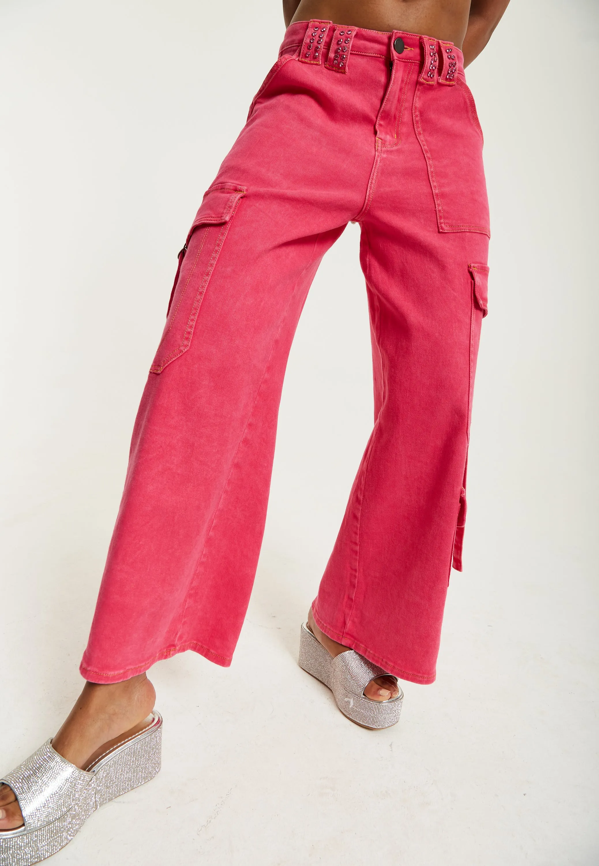 House of Holland Hot Pink Denim Wide Leg Cargo Trousers