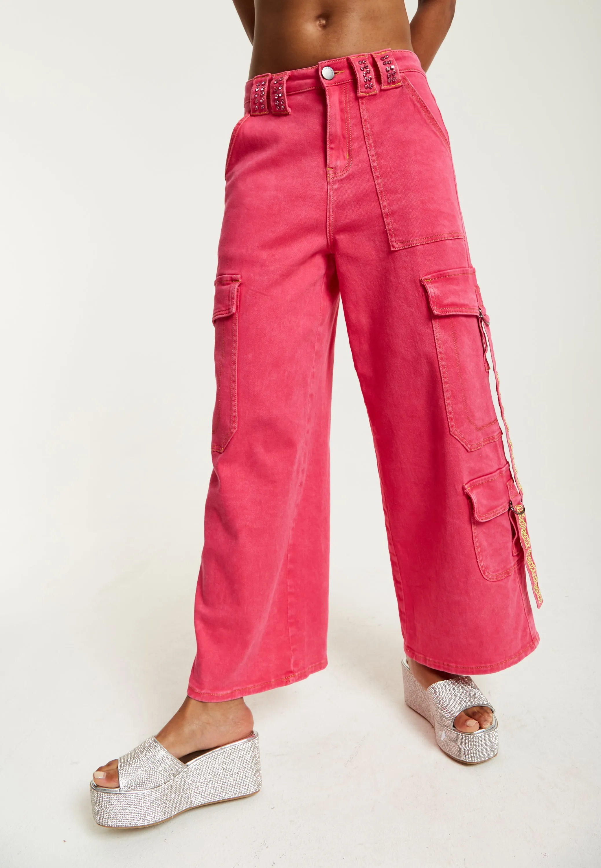 House of Holland Hot Pink Denim Wide Leg Cargo Trousers