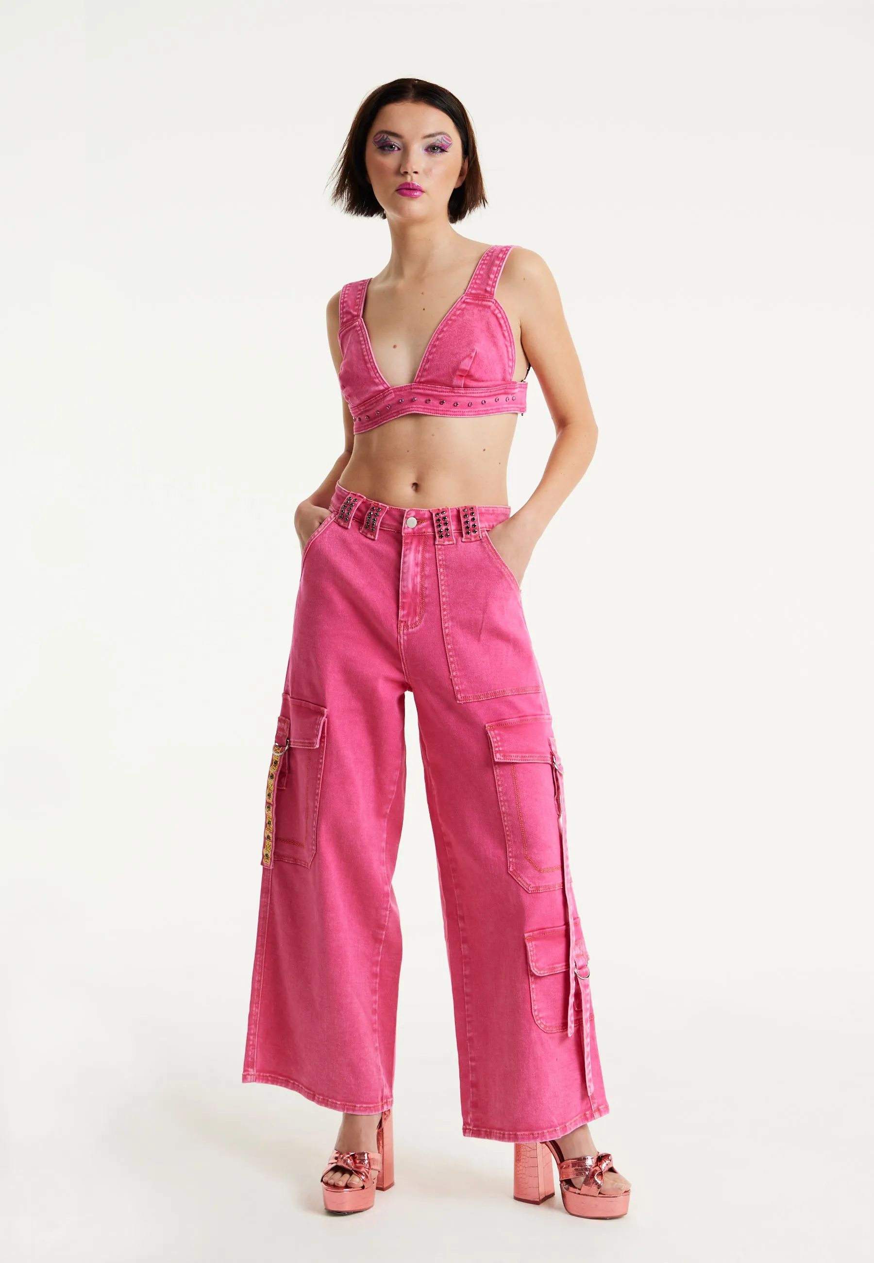 House of Holland Hot Pink Denim Wide Leg Cargo Trousers