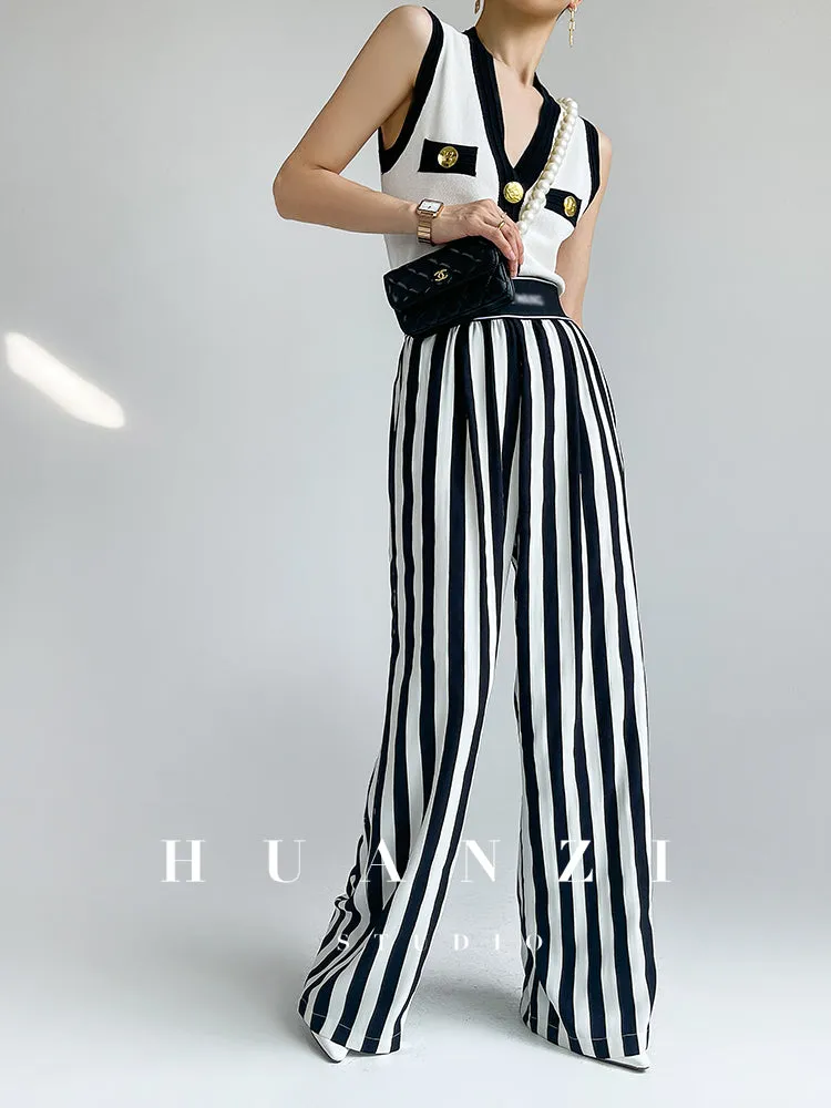 Huanzi custom striped wide-leg pants summer drape high waist trousers - Luie