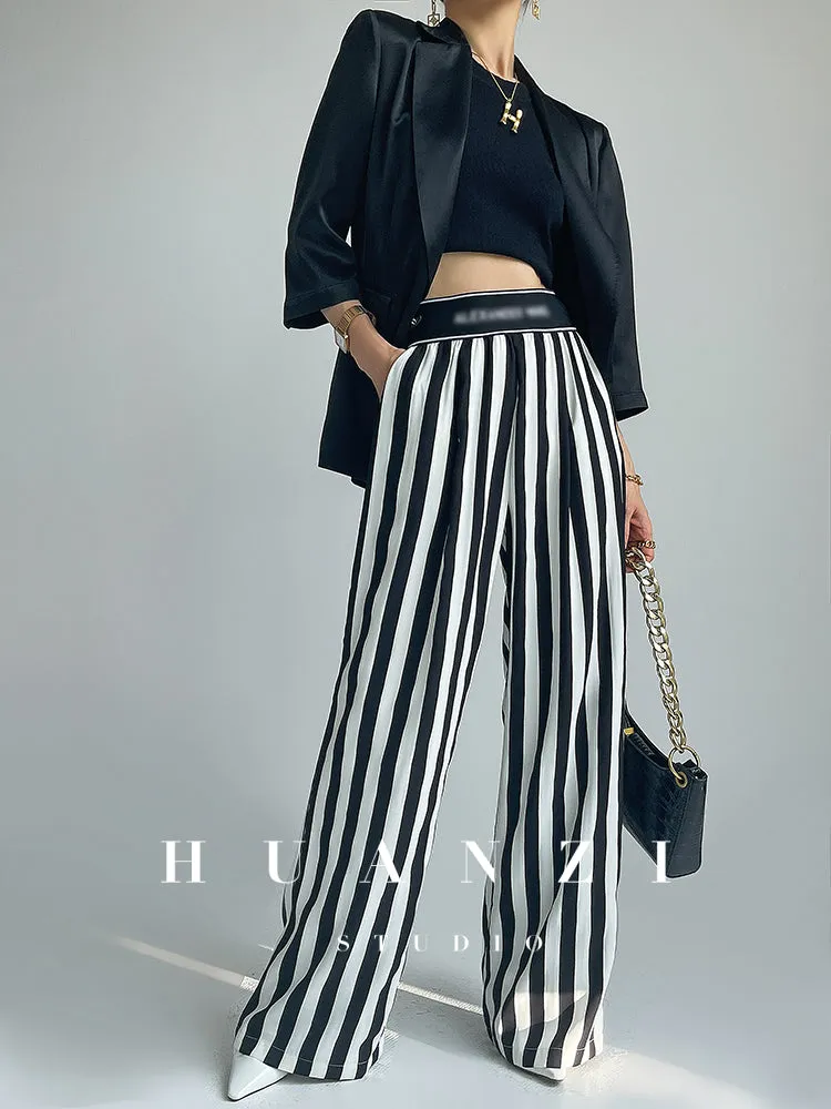 Huanzi custom striped wide-leg pants summer drape high waist trousers - Luie