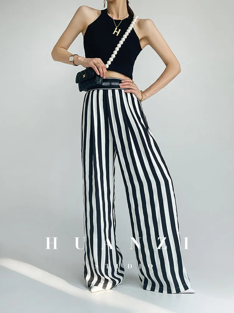 Huanzi custom striped wide-leg pants summer drape high waist trousers - Luie