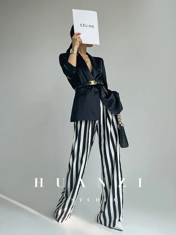 Huanzi custom striped wide-leg pants summer drape high waist trousers - Luie