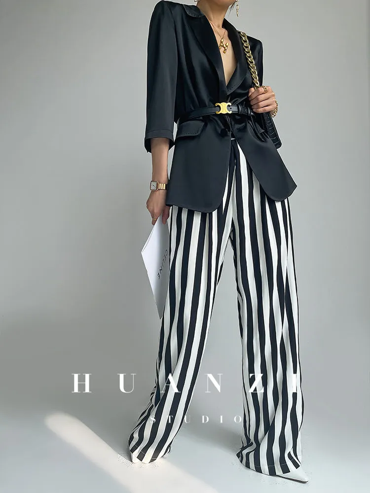 Huanzi custom striped wide-leg pants summer drape high waist trousers - Luie