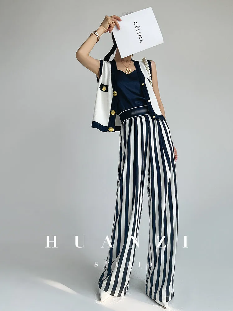 Huanzi custom striped wide-leg pants summer drape high waist trousers - Luie