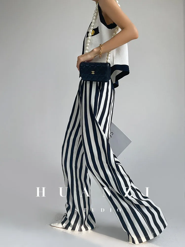 Huanzi custom striped wide-leg pants summer drape high waist trousers - Luie