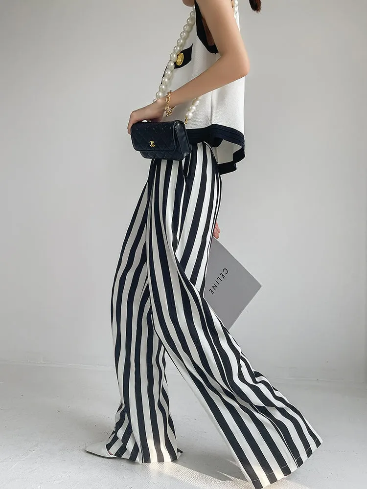 Huanzi custom striped wide-leg pants summer drape high waist trousers - Luie