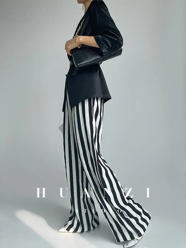 Huanzi custom striped wide-leg pants summer drape high waist trousers - Luie