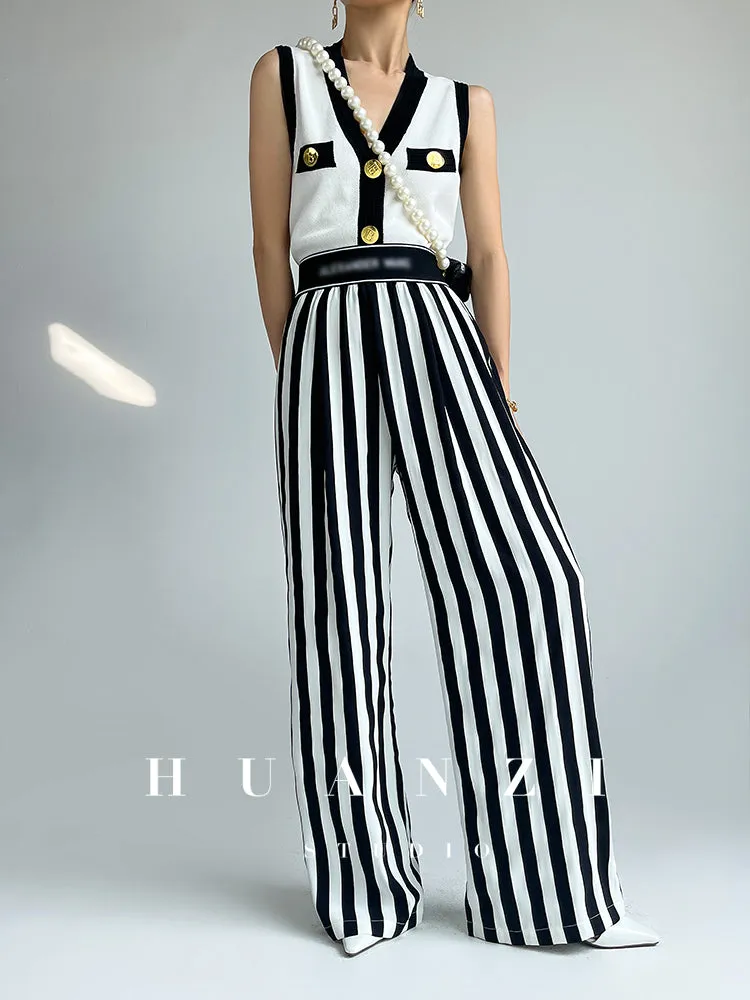 Huanzi custom striped wide-leg pants summer drape high waist trousers - Luie