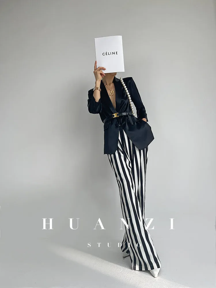 Huanzi custom striped wide-leg pants summer drape high waist trousers - Luie