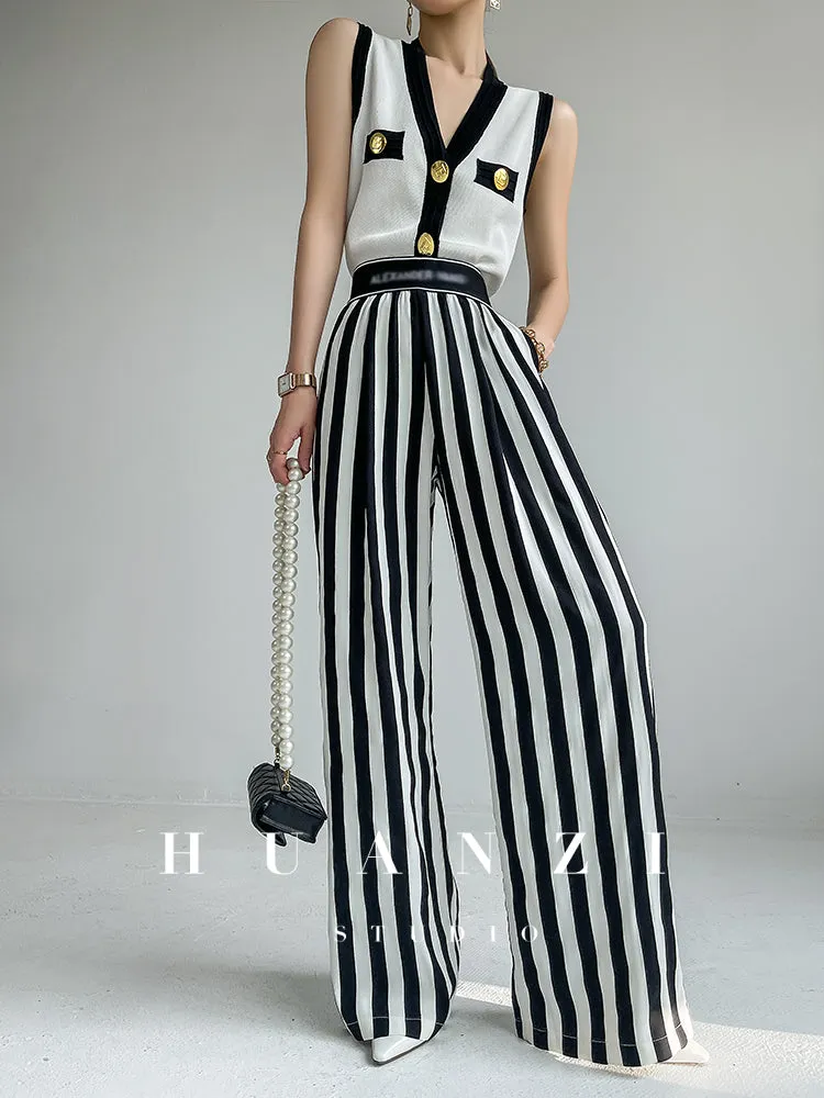 Huanzi custom striped wide-leg pants summer drape high waist trousers - Luie