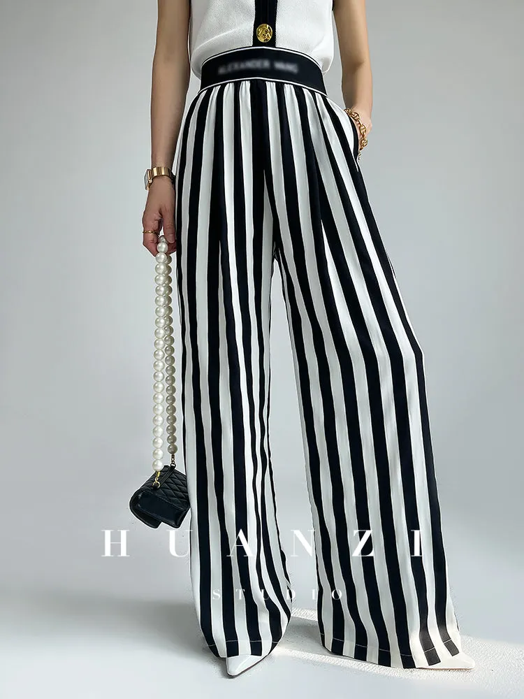 Huanzi custom striped wide-leg pants summer drape high waist trousers - Luie