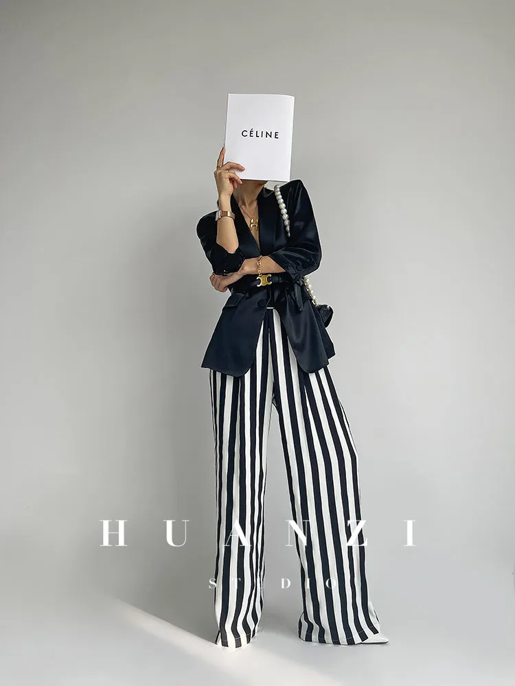 Huanzi custom striped wide-leg pants summer drape high waist trousers - Luie