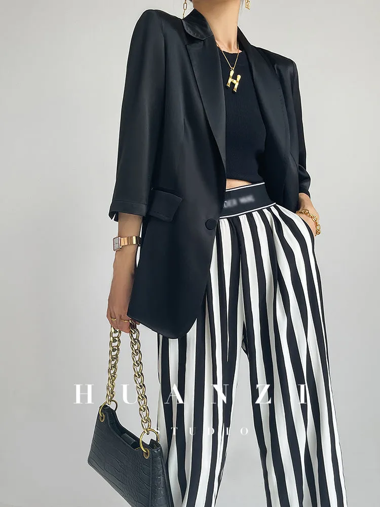 Huanzi custom striped wide-leg pants summer drape high waist trousers - Luie