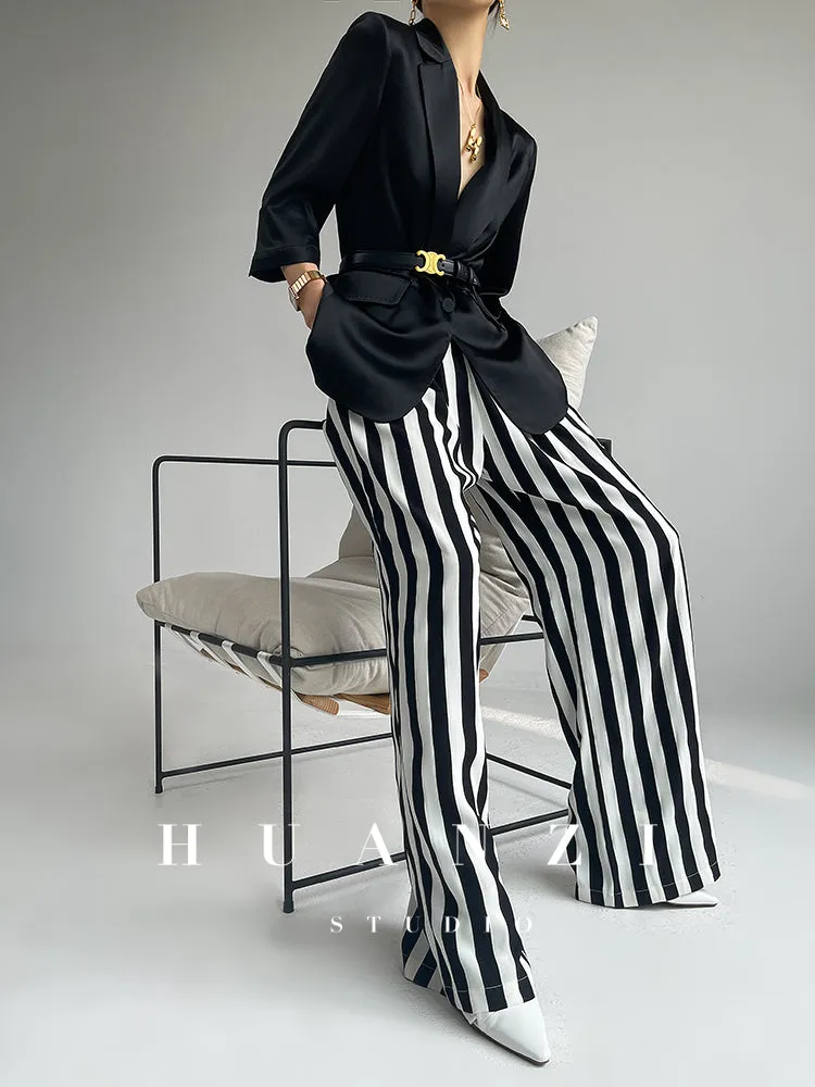 Huanzi custom striped wide-leg pants summer drape high waist trousers - Luie