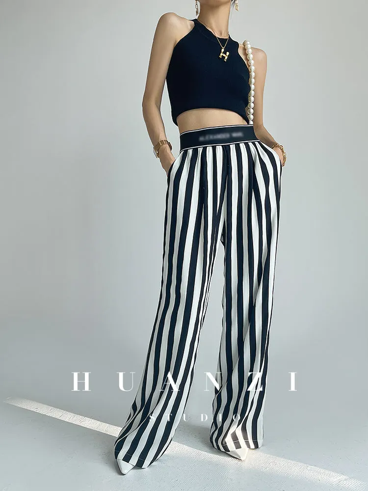 Huanzi custom striped wide-leg pants summer drape high waist trousers - Luie