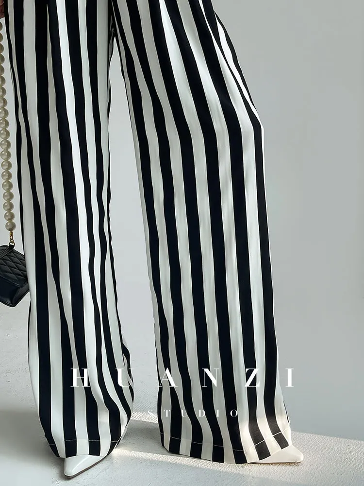 Huanzi custom striped wide-leg pants summer drape high waist trousers - Luie