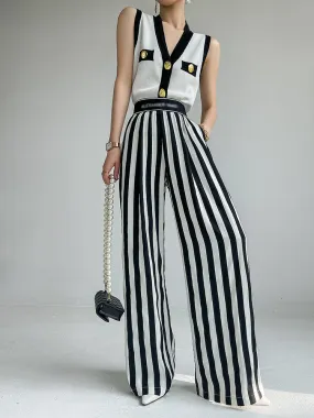 Huanzi custom striped wide-leg pants summer drape high waist trousers - Luie