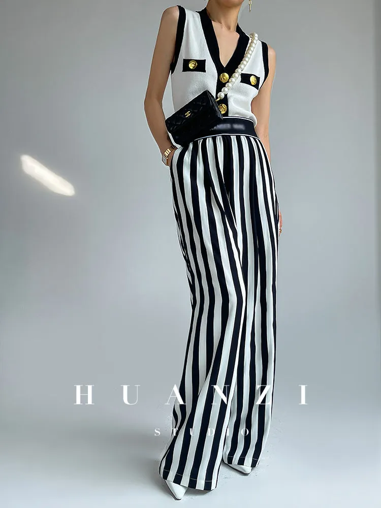 Huanzi custom striped wide-leg pants summer drape high waist trousers - Luie