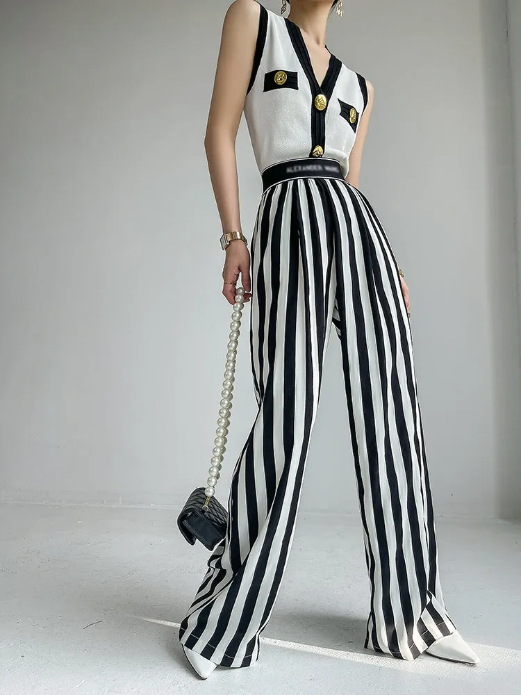 Huanzi custom striped wide-leg pants summer drape high waist trousers - Luie