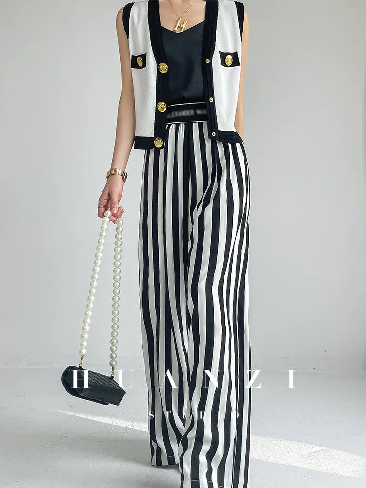 Huanzi custom striped wide-leg pants summer drape high waist trousers - Luie